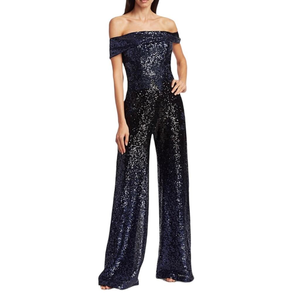 Rene Ruiz Collection Off-the-Shoulder Sequin Jumpsuit blue black floral sz 6